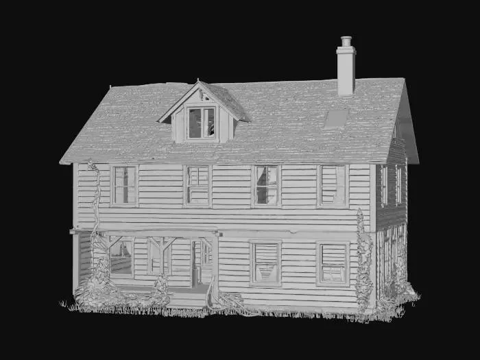 3D model for Fantasy setting ruined farmhouse, multi story with one wall collapsed and part of the roof missing. no background