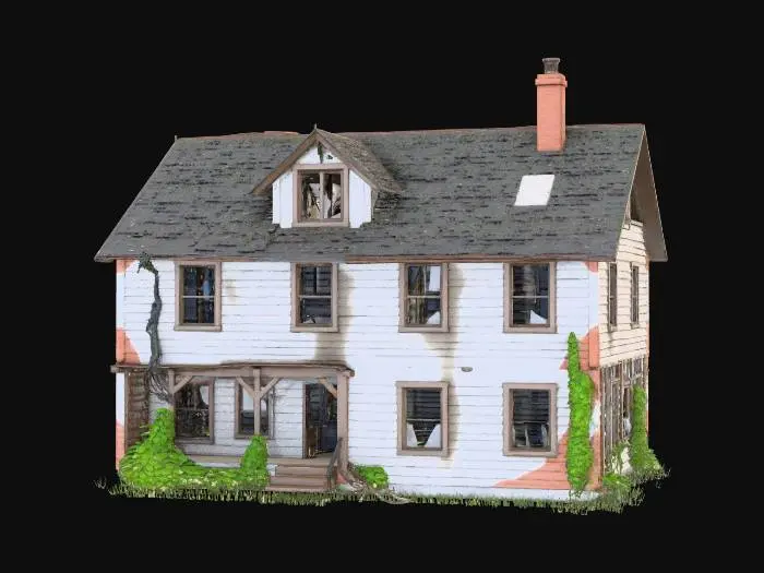 3D model for Fantasy setting ruined farmhouse, multi story with one wall collapsed and part of the roof missing. no background