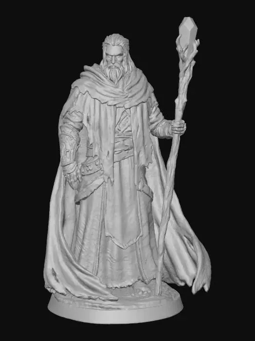 3D model for Tall, gaunt bearded human mage-warrior draped in heavy layered robes and a tattered hooded cloak. Long dark hair, stern eyes, deeply lined face. Armored bracers with runic patterns. Holds a long staff topped with an unlit crystal. Stoic standing pose, cloak sweeping in subtle folds, no magical effects, detailed fabric and leather textures. Designed for 3D printing