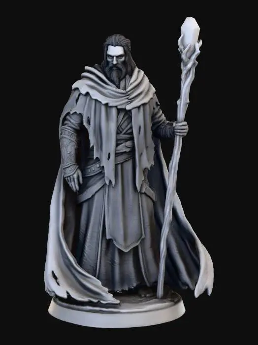 3D model for Tall, gaunt bearded human mage-warrior draped in heavy layered robes and a tattered hooded cloak. Long dark hair, stern eyes, deeply lined face. Armored bracers with runic patterns. Holds a long staff topped with an unlit crystal. Stoic standing pose, cloak sweeping in subtle folds, no magical effects, detailed fabric and leather textures. Designed for 3D printing