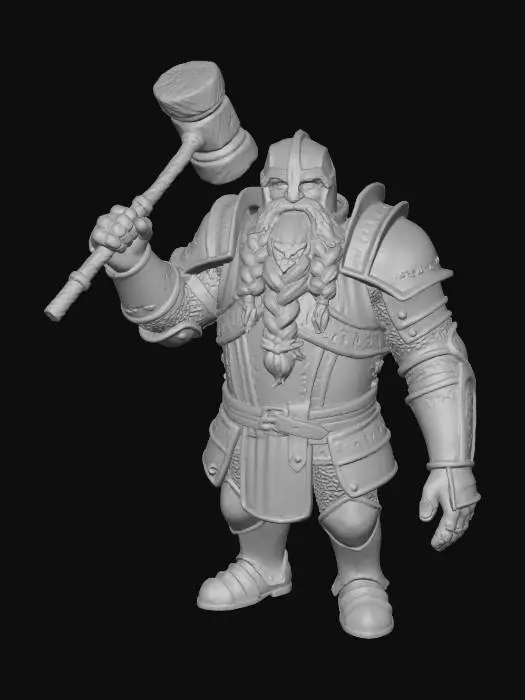 3D model for A towering Goliath cleric, inspired by Santa Claus, clad in gleaming red and gold plate armor intricately etched with celestial runes. His long white beard is braided with vibrant holly and silver bells. He brandishes a massive warhammer that glows like a star-forged candy cane. His eyes radiate divine warmth as snow swirls around his imposing figure, blessing the scene with festive power.