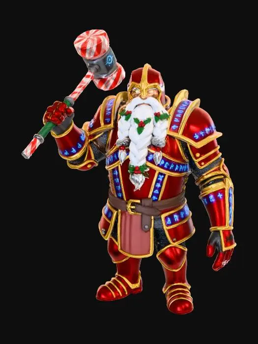 3D model for A towering Goliath cleric, inspired by Santa Claus, clad in gleaming red and gold plate armor intricately etched with celestial runes. His long white beard is braided with vibrant holly and silver bells. He brandishes a massive warhammer that glows like a star-forged candy cane. His eyes radiate divine warmth as snow swirls around his imposing figure, blessing the scene with festive power.