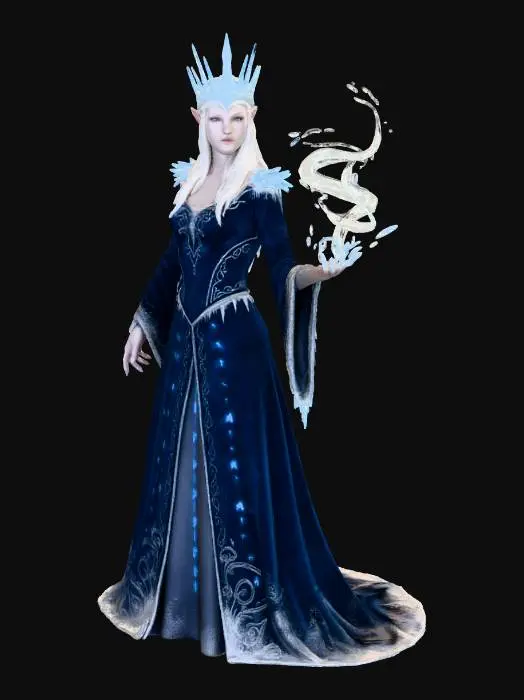 3D model for Tall, Female Elven mistress of winter, wearing long flowing dress rimmed with frost and glowing runes.  White hair blowing in the wind, a crown of ice upon her head.  Commanding pose with one hand lifted up ice magic flowing from the hand upward.
