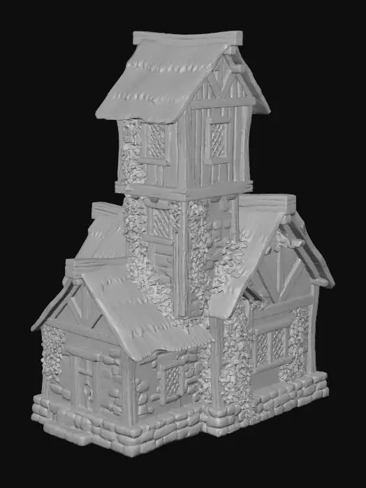3D model for A single-story stone cottage with a three-story timber tower attached, multiple adjoining rooms with varied rooflines, thatched roofs, exposed oak beams, leaded windows, climbing ivy, cobblestone foundation, hand-painted stylized 3D render, warm golden hour lighting, soft ambient shadows, front 3/4 view, simple gradient sky background