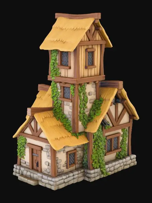 3D model for A single-story stone cottage with a three-story timber tower attached, multiple adjoining rooms with varied rooflines, thatched roofs, exposed oak beams, leaded windows, climbing ivy, cobblestone foundation, hand-painted stylized 3D render, warm golden hour lighting, soft ambient shadows, front 3/4 view, simple gradient sky background