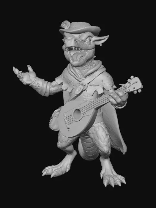 3D model for A kobold bard, small reptilian humanoid with emerald scales, wearing a colorful patchwork cloak and feathered cap, holding a worn wooden lute and leather satchel, playful singing pose, stylized hand-painted game art, scaly skin and cloth textures, warm golden rim lighting, simple warm gradient background, full body 3/4 view, highly detailed