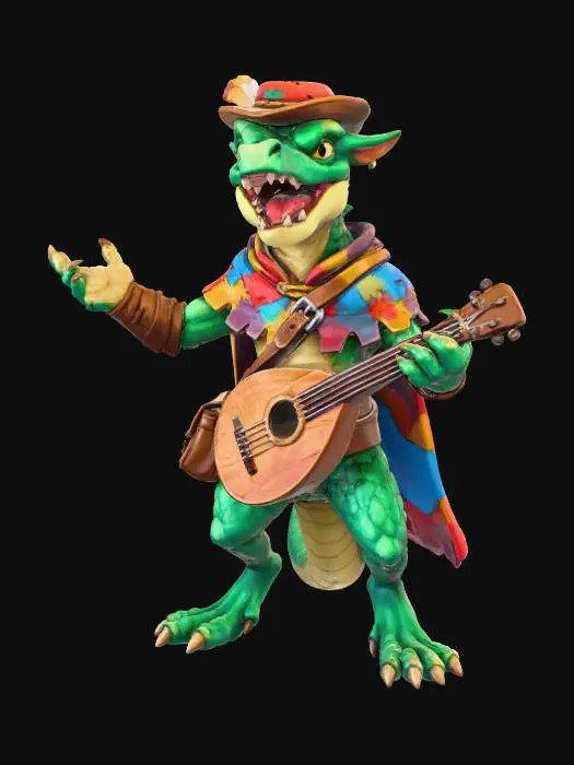3D model for A kobold bard, small reptilian humanoid with emerald scales, wearing a colorful patchwork cloak and feathered cap, holding a worn wooden lute and leather satchel, playful singing pose, stylized hand-painted game art, scaly skin and cloth textures, warm golden rim lighting, simple warm gradient background, full body 3/4 view, highly detailed
