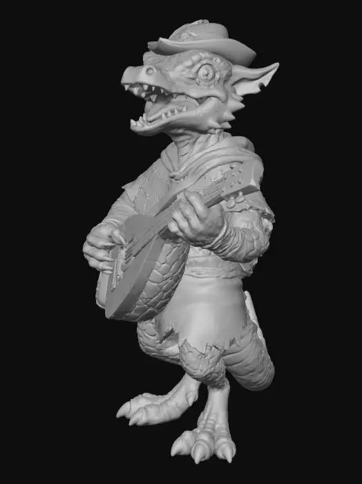 3D model for A kobold bard, small reptilian humanoid with emerald scales, wearing a colorful patchwork cloak and feathered cap, holding a worn wooden lute and leather satchel, playful singing pose, stylized hand-painted game art, scaly skin and cloth textures, warm golden rim lighting, simple warm gradient background, full body 3/4 view, highly detailed