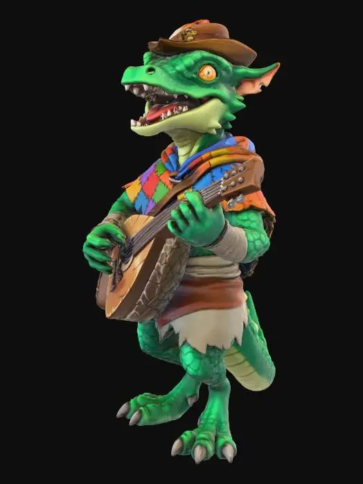 3D model for A kobold bard, small reptilian humanoid with emerald scales, wearing a colorful patchwork cloak and feathered cap, holding a worn wooden lute and leather satchel, playful singing pose, stylized hand-painted game art, scaly skin and cloth textures, warm golden rim lighting, simple warm gradient background, full body 3/4 view, highly detailed