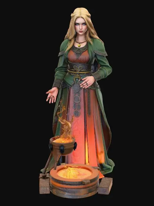 3D model for A female Celtic forge priestess Brigid standing beside a glowing forge, gold-and-orange ribbon flames curling around her hands, wearing intricate Celtic metalwork fused with flowing priestess robes, ember-glow eyes, glowing runes on hammer and belt, stylized semi-realistic 3D render, warm rim and ambient lighting, simple dark gradient background, three-quarter full-body view.