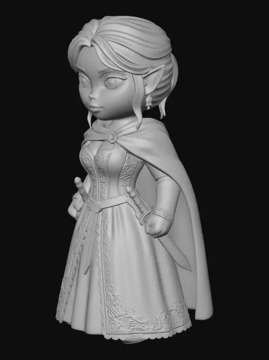 3D model for A chibi DnD female drow elf wearing noble finery, a simple cloak clasped at the shoulder, and a pair of daggers at the waist.  Belt along waist should be flush with no hanging pieces, deformities or irregularities