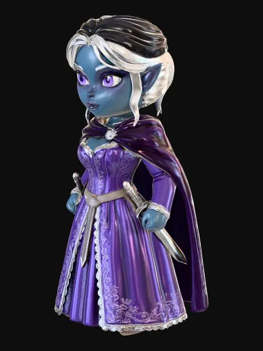 3D model for A chibi DnD female drow elf wearing noble finery, a simple cloak clasped at the shoulder, and a pair of daggers at the waist.  Belt along waist should be flush with no hanging pieces, deformities or irregularities