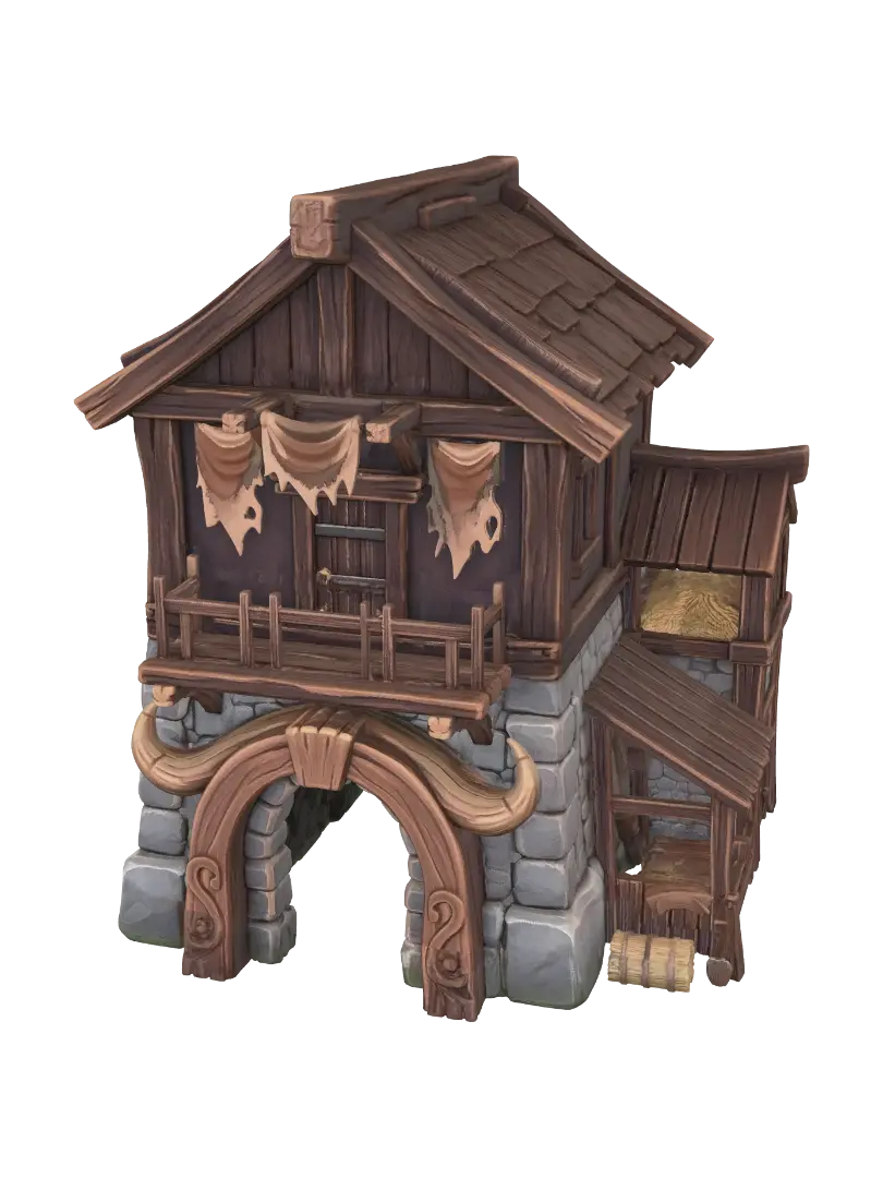 A Minotaur residence, two-story fortified dwelling with a massive arched doorway… - Goldenhour 3D model, vytvořený pomocí AI