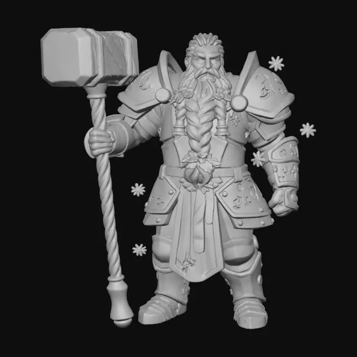 3D model for A towering Goliath cleric, inspired by Santa Claus, clad in gleaming red and gold plate armor intricately etched with celestial runes. His long white beard is braided with vibrant holly and silver bells. He brandishes a massive warhammer that glows like a star-forged candy cane. His eyes radiate divine warmth as snow swirls around his imposing figure, blessing the scene with festive power.