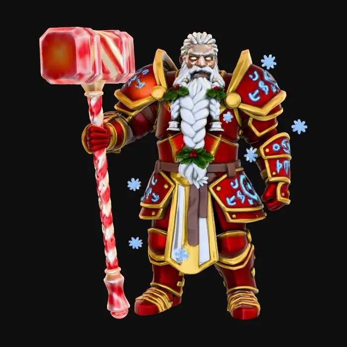 3D model for A towering Goliath cleric, inspired by Santa Claus, clad in gleaming red and gold plate armor intricately etched with celestial runes. His long white beard is braided with vibrant holly and silver bells. He brandishes a massive warhammer that glows like a star-forged candy cane. His eyes radiate divine warmth as snow swirls around his imposing figure, blessing the scene with festive power.