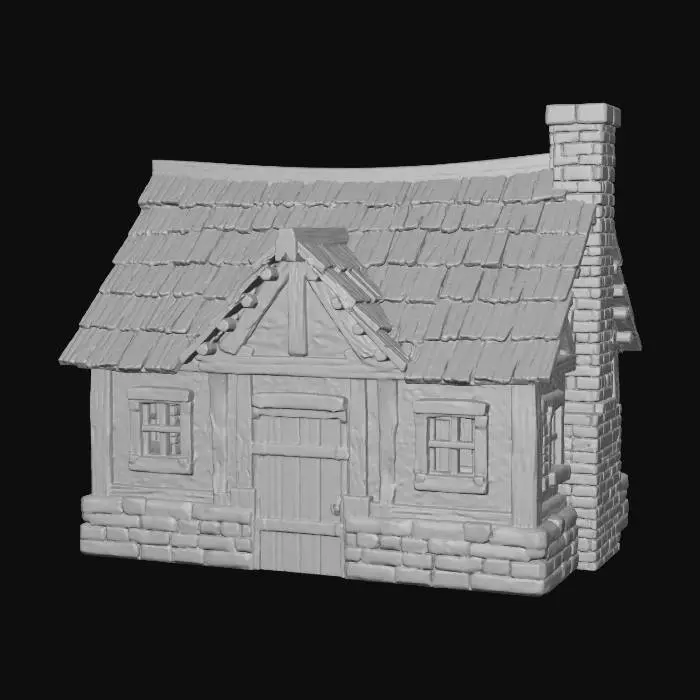3D model for Villager house with multiple rooms one floor.  3D Print ready no background, stone foundation wooden roof, stone chimney.