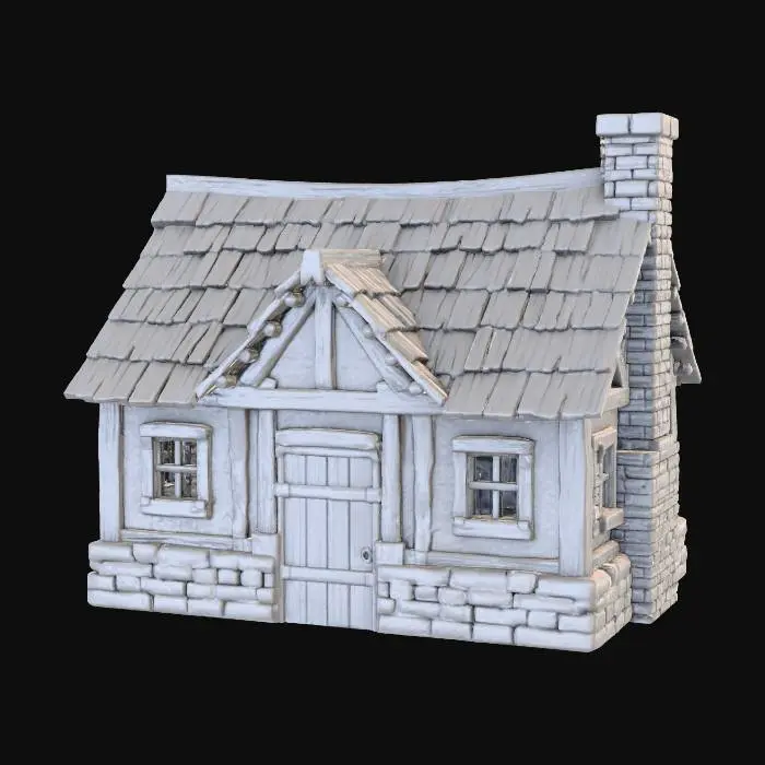 3D model for Villager house with multiple rooms one floor.  3D Print ready no background, stone foundation wooden roof, stone chimney.