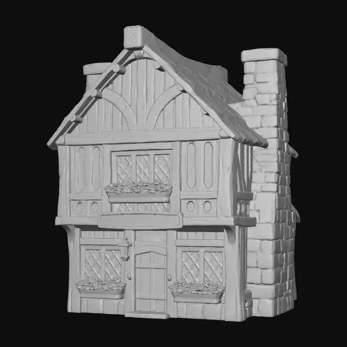 3D model for Simple fantasy tavern with two stories, stone chimney and a fluted second story.