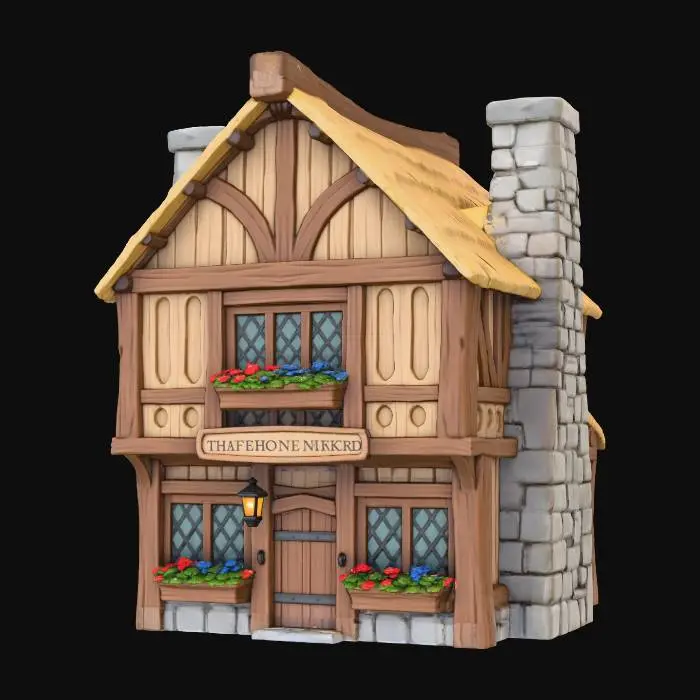 3D model for Simple fantasy tavern with two stories, stone chimney and a fluted second story.