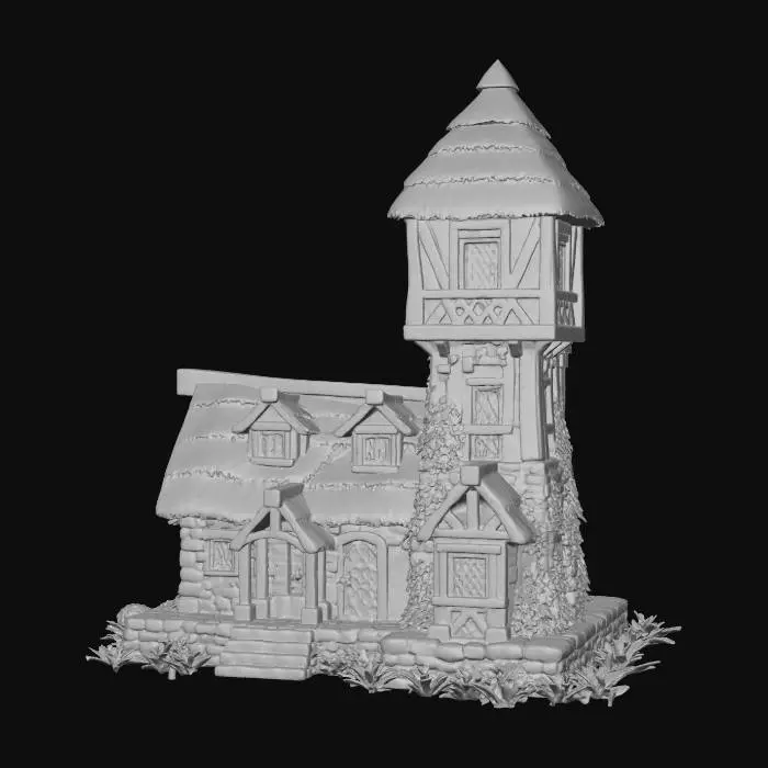 3D model for A single-story stone cottage with a three-story timber tower attached, multiple adjoining rooms with varied rooflines, thatched roofs, exposed oak beams, leaded windows, climbing ivy, cobblestone foundation, hand-painted stylized 3D render, warm golden hour lighting, soft ambient shadows, front 3/4 view, simple gradient sky background