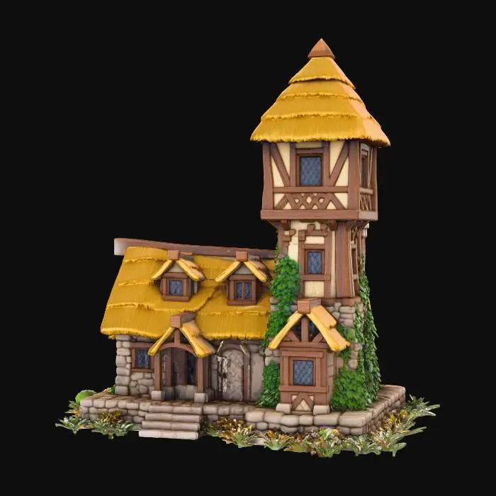 3D model for A single-story stone cottage with a three-story timber tower attached, multiple adjoining rooms with varied rooflines, thatched roofs, exposed oak beams, leaded windows, climbing ivy, cobblestone foundation, hand-painted stylized 3D render, warm golden hour lighting, soft ambient shadows, front 3/4 view, simple gradient sky background