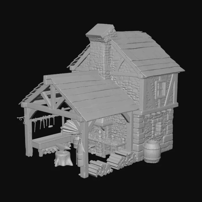 3D model for A blacksmith's forge attached to a large stone cottage, Covered outdoor courtyard forge with hearth, anvil, bellows, tongs, hammers, quenching trough, tool rack and stacked firewood, worn leather apron and metal hooks, hand-painted semi-realistic 3D render, brushed iron and soot-stained texture