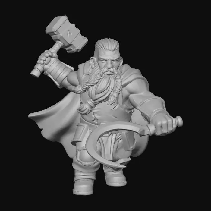 3D model for Dwarven warrior druid of the high plains.  Braided beard flowing down the chest, hair cut short and slicked back.  Simple leather armor with bare muscled arms.  Striking, dynamic attack pose hammer in left hand, sickle in right.  Simple cloak flowing to the ground.  Modeled for conversion to 3D model with solid lines, symmetrical features, solid textures,