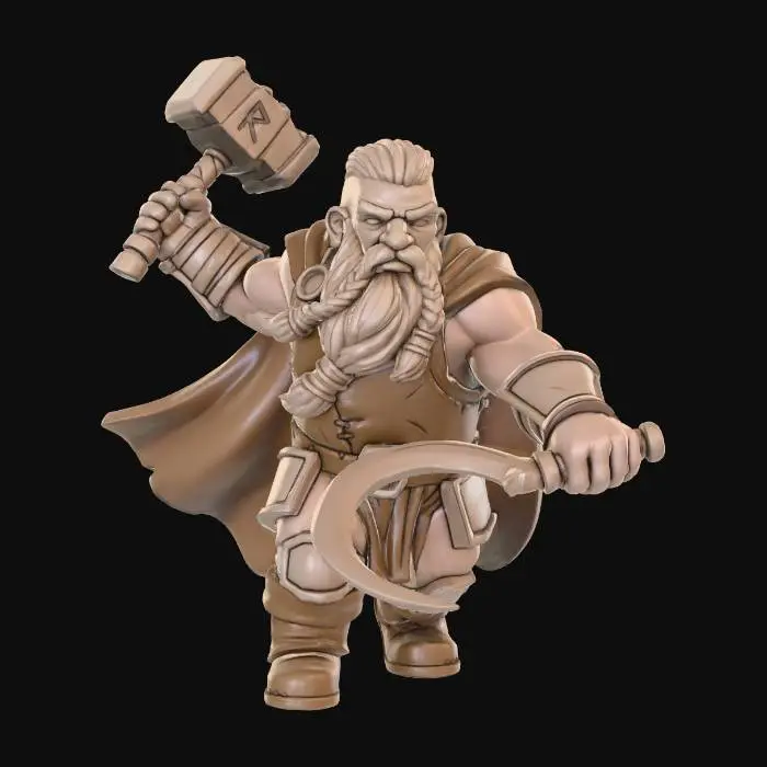 3D model for Dwarven warrior druid of the high plains.  Braided beard flowing down the chest, hair cut short and slicked back.  Simple leather armor with bare muscled arms.  Striking, dynamic attack pose hammer in left hand, sickle in right.  Simple cloak flowing to the ground.  Modeled for conversion to 3D model with solid lines, symmetrical features, solid textures,