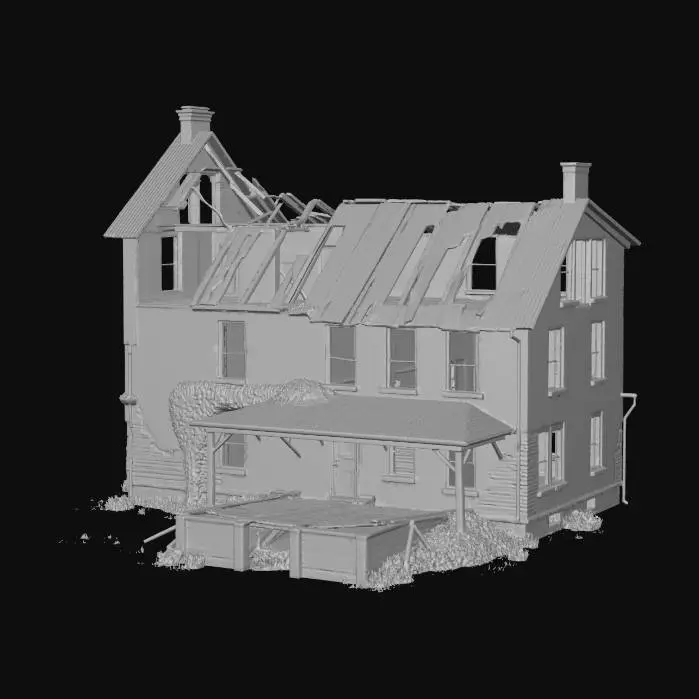 3D model for Fantasy setting ruined farmhouse, multi story with one wall collapsed and part of the roof missing. no background