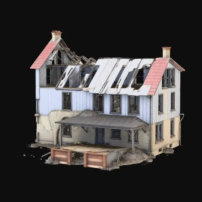 3D model for Fantasy setting ruined farmhouse, multi story with one wall collapsed and part of the roof missing. no background