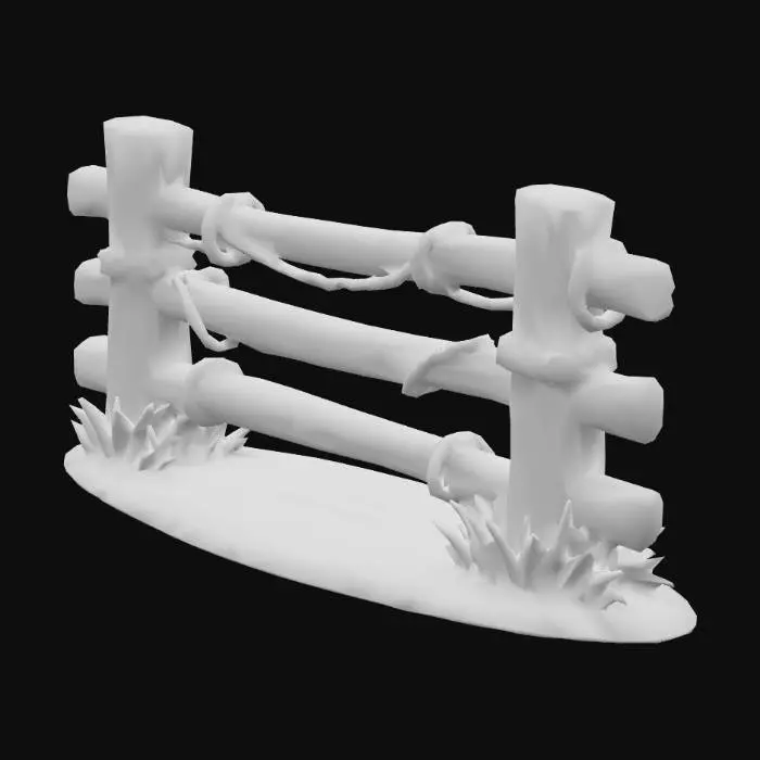 3D model for Stylized wooden fence, Sunstone Farmlands theme, bright hand-painted style like Zelda/Genshin, chunky silhouette, wood beams with warm brown tones (#8A6A4A), split-rail construction with rope lashings, sits cleanly on flat ground, modular 1 meter length, cartoon shading, NOT photoreal, transparent background.