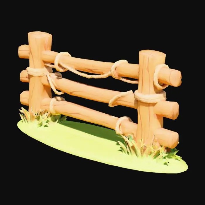 3D model for Stylized wooden fence, Sunstone Farmlands theme, bright hand-painted style like Zelda/Genshin, chunky silhouette, wood beams with warm brown tones (#8A6A4A), split-rail construction with rope lashings, sits cleanly on flat ground, modular 1 meter length, cartoon shading, NOT photoreal, transparent background.