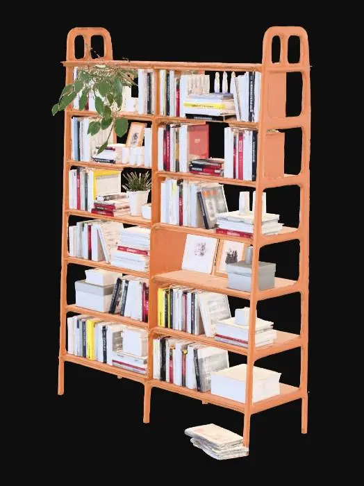 3D model for Ikea-style bookcase filled with books, some boxes and asssorted stuff. Clean, scandinavian design. Highest quality, 4k, archviz.