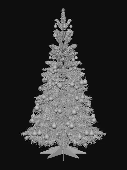 3D model for 一棵高大、锥形的圣诞树，拥有浓密的翠绿色松针，树身被一层闪烁的白色人造雪花轻轻覆盖。坚固的棕色树干稳固地固定在一个红色的底座上。树枝上装饰着各式各样、色彩缤纷的玻璃和塑料饰品，包括红色的球、金色的星星和银色的铃铛，其间缠绕着发出温暖光芒的LED灯串，树顶则由一颗闪耀的金色五角星点缀，整体呈现出温馨而传统的节日氛围。