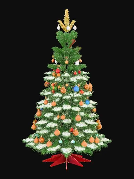 3D model for 一棵高大、锥形的圣诞树，拥有浓密的翠绿色松针，树身被一层闪烁的白色人造雪花轻轻覆盖。坚固的棕色树干稳固地固定在一个红色的底座上。树枝上装饰着各式各样、色彩缤纷的玻璃和塑料饰品，包括红色的球、金色的星星和银色的铃铛，其间缠绕着发出温暖光芒的LED灯串，树顶则由一颗闪耀的金色五角星点缀，整体呈现出温馨而传统的节日氛围。