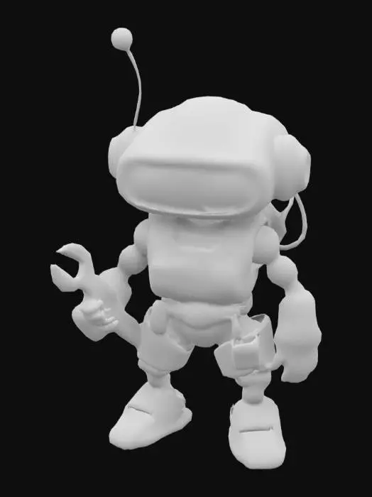 3D model for  A tiny robot mechanic with a toolbelt and a giant wrench as a weapon. His eyes glow green, and he has a spinning gear on his back.
