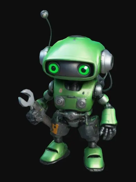 3D model for  A tiny robot mechanic with a toolbelt and a giant wrench as a weapon. His eyes glow green, and he has a spinning gear on his back.

