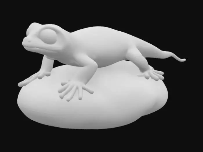 3D model for figurine of gecko perched on large flat stone. tail down . flatten stone bottom. needs 4 legs