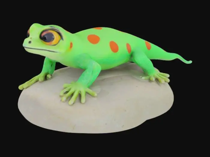 3D model for figurine of gecko perched on large flat stone. tail down . flatten stone bottom. needs 4 legs