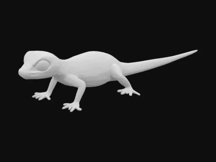 3D model for green gecko with small yellow stripes across back
tail curled down and to front. large black eyes