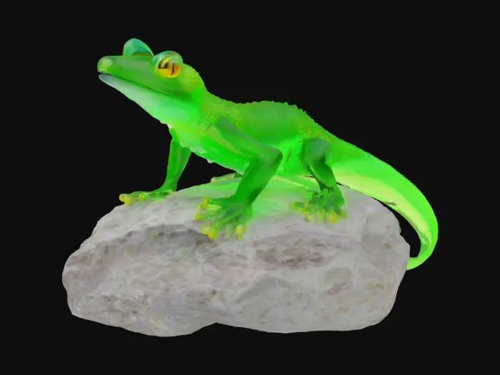 3D model for glass  figurine of gecko on rock with flat bottom. 