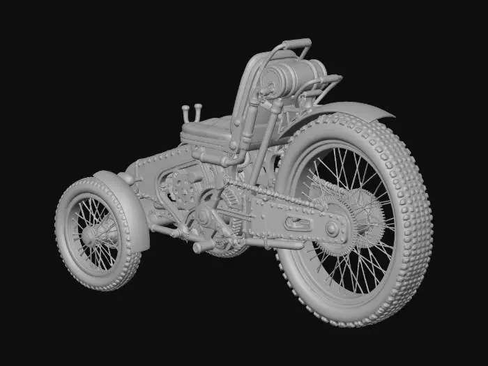 3D model for steam-punk transporter for a single person with a leather chair. 2 wheels in the front and a single larger wheel in the back.
no smoke and solid background