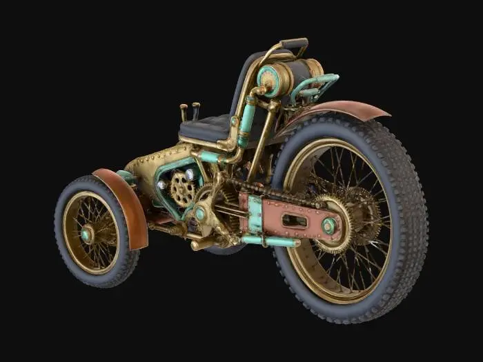 3D model for steam-punk transporter for a single person with a leather chair. 2 wheels in the front and a single larger wheel in the back.
no smoke and solid background