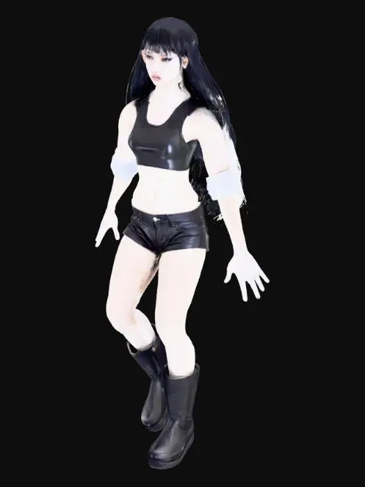 3D model for girl have a very tall hair have a Shy face
 clothes:- (Shorts Of leather
 , half shirt Of leather
 , sport boots Of leather
 , Hand straps , )