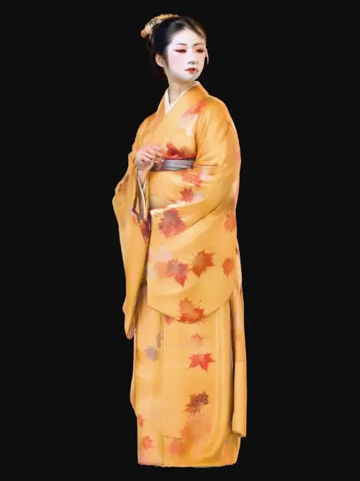 3D model for A beautiful Japanese woman from 16th-century Japan, elegantly seated and leaning gracefully on one arm. Her face is serene, adorned with delicate geisha-like makeup, and her elaborate dark hair is meticulously styled. She wears a flowing silk kimono in rich gold and warm autumn colors, patterned with intricate fall maple leaves. In her open palm, she delicately holds a luminous pearl, gazing at its soft shimmer with a contemplative expression.
