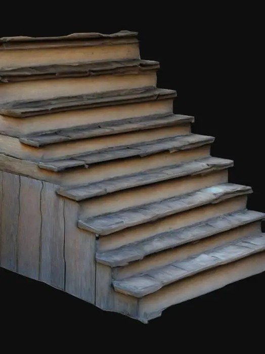 3D model for old wooden steps, creaky, dirty, cracked, splinters, ascending