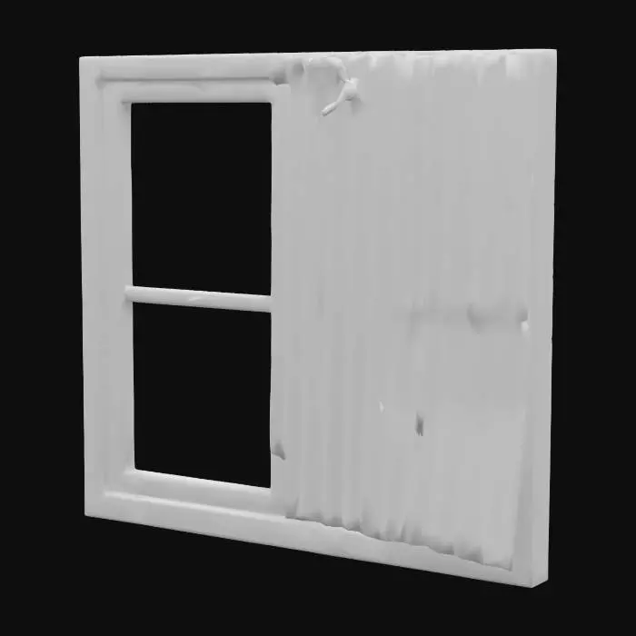 3D model for old dirty window that you can't see out of, cracked and old window frame, dirty glass, cracks, rotting wood, old curtains with stains