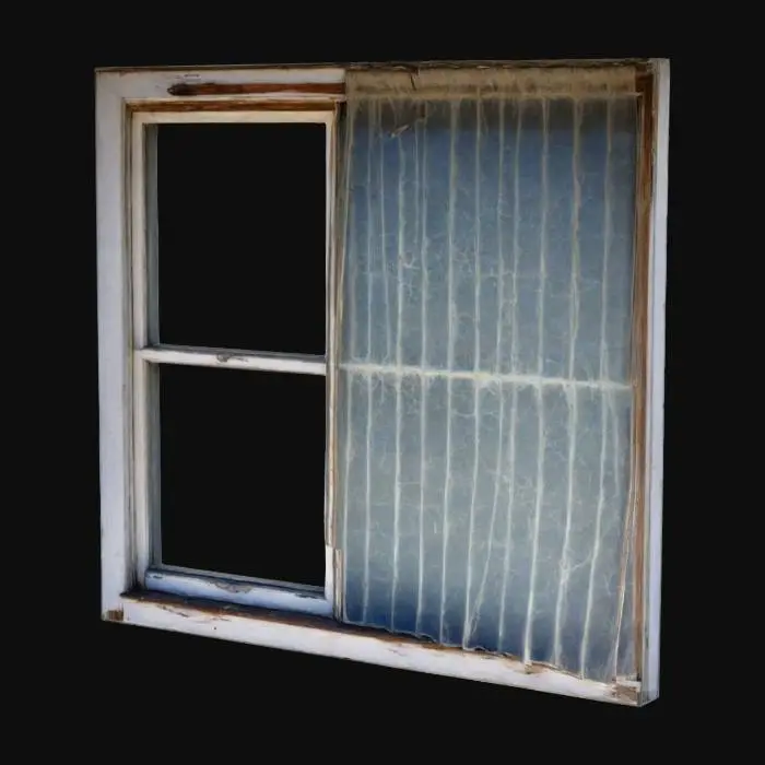 3D model for old dirty window that you can't see out of, cracked and old window frame, dirty glass, cracks, rotting wood, old curtains with stains