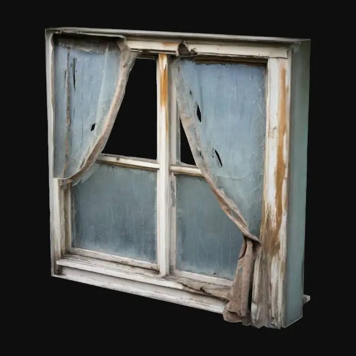 3D model for old dirty window that you can't see out of, cracked and old window frame, dirty glass, cracks, rotting wood, old curtains with stains