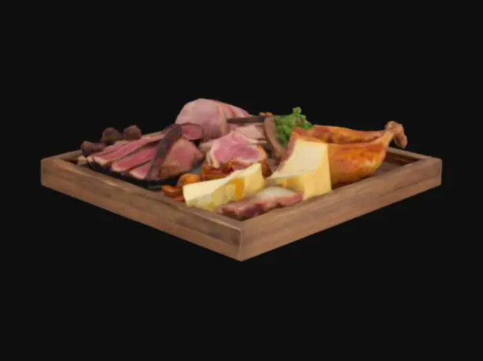 3D model for A plain, splintered wooden serving tray displays a modest but hearty adventurer’s meal. Thick-cut steaks rest at one end, lightly charred and still glistening with fat. Next to them, several slices of pink ham are neatly fanned out, their edges browned. Golden-baked chicken legs sit in tidy pairs, seasoned simply. Alongside the meats, roasted onions are halved and softened, their skins peeling slightly. Crisp apples and small clusters of grapes are evenly spaced for easy grabbing. Wedges of crumbly cheese and rough-cut loaves of coarse brown bread complete the fare. Each item is spaced apart, presented simply, with no garnish or flair—just practical, filling food for the road.